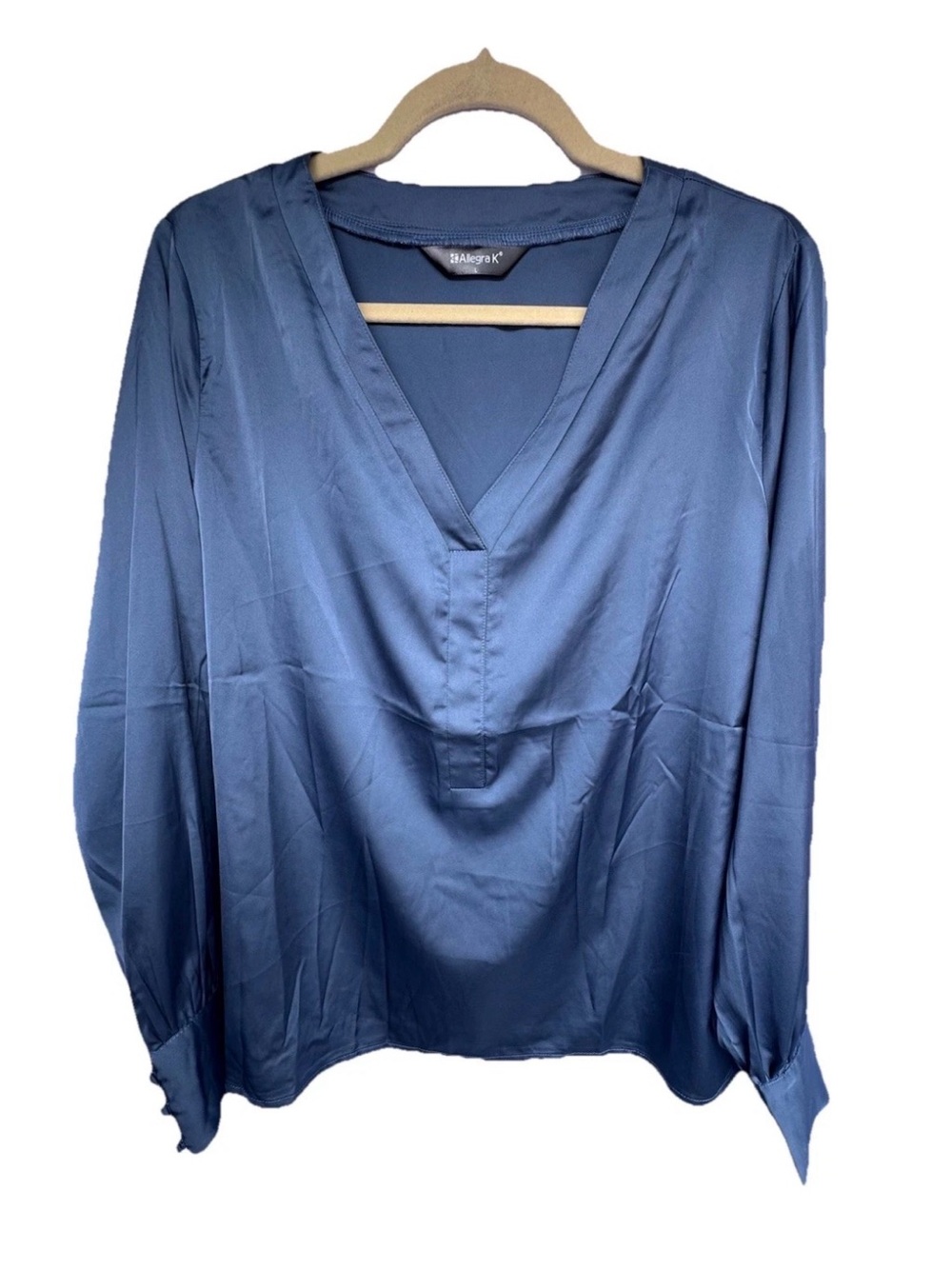 Allegra K Satin Slate Blue V-Neck Long Sleeve Blouse